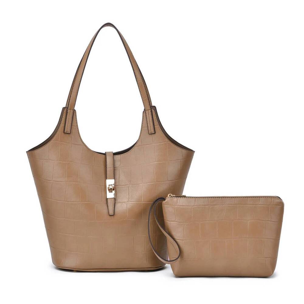 NEW MELLOW WORLD women's clio 2-in-1 croc embossed tote bag in latte